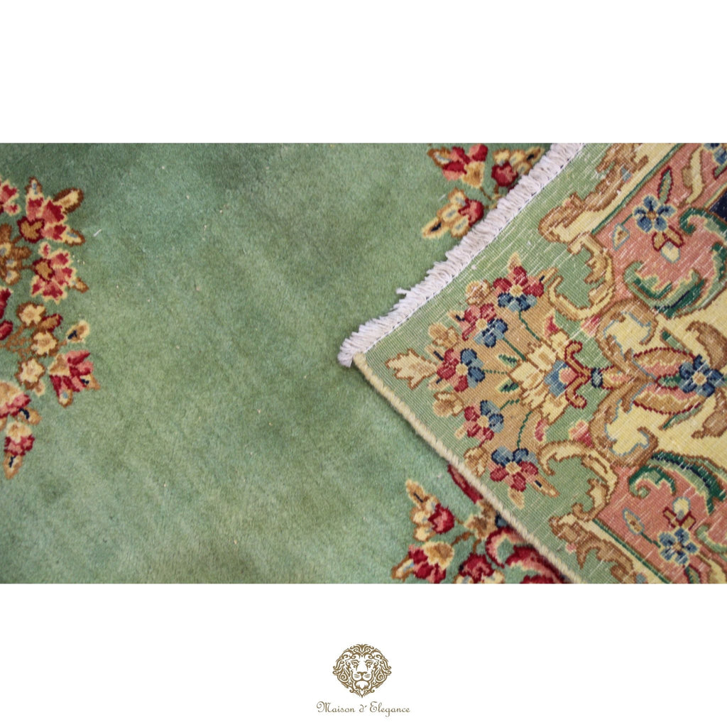 Luxury Handmade Persian Kerman Wool Rug – Green Floral Medallion Design