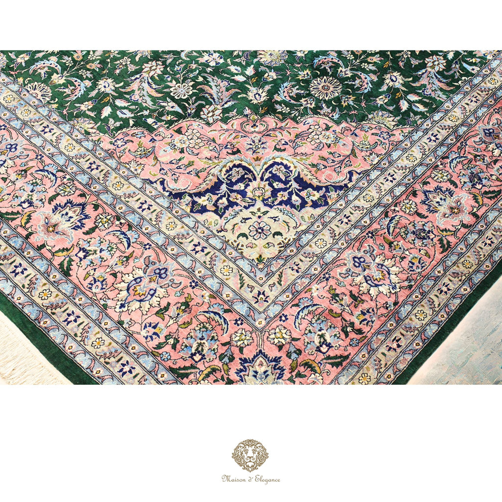 Alfombra de lana estilo Tabriz, superfina color verde marfil con diseño floral | Elegancia 280x390 cm