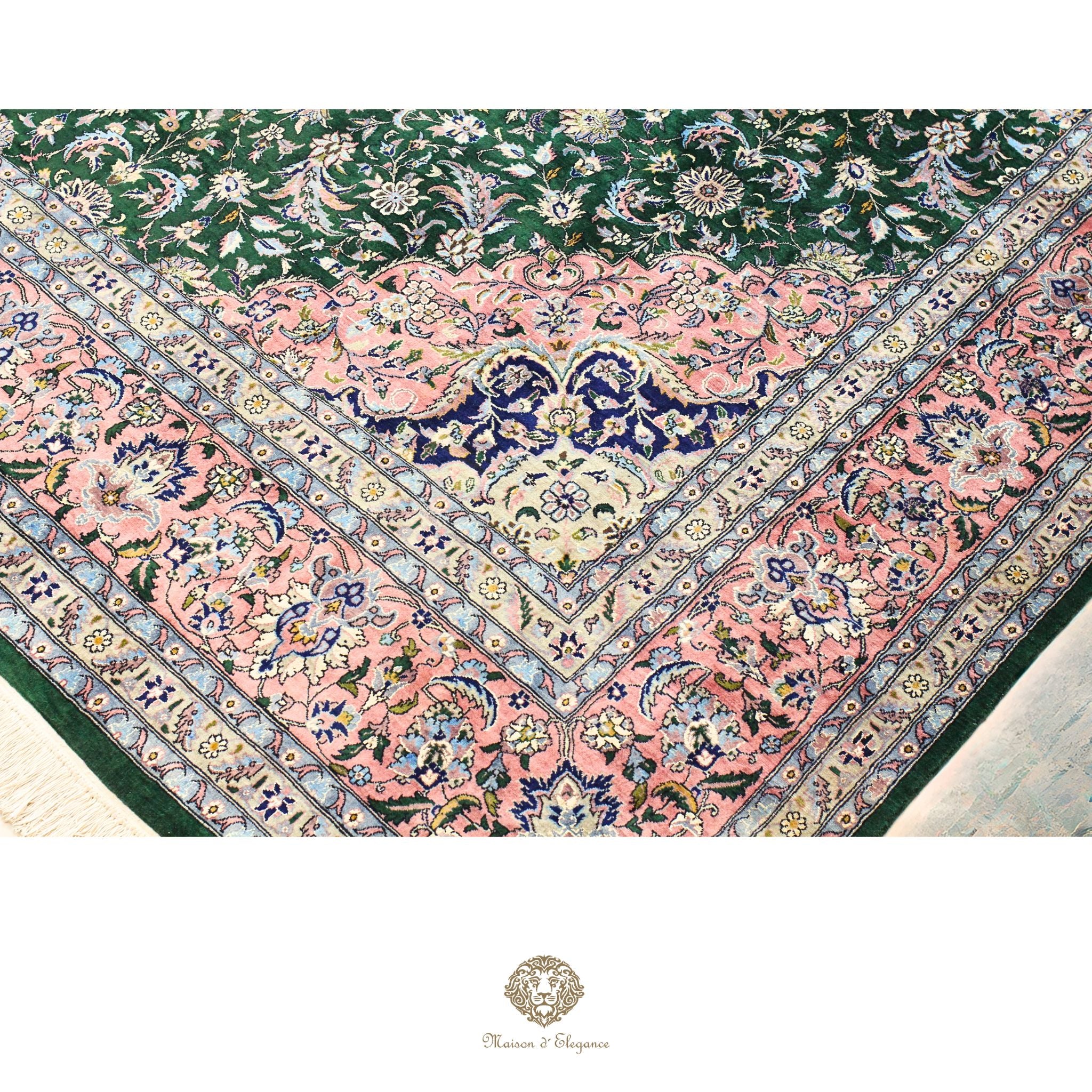 Alfombra de lana estilo Tabriz, superfina color verde marfil con diseño floral | Elegancia 280x390 cm