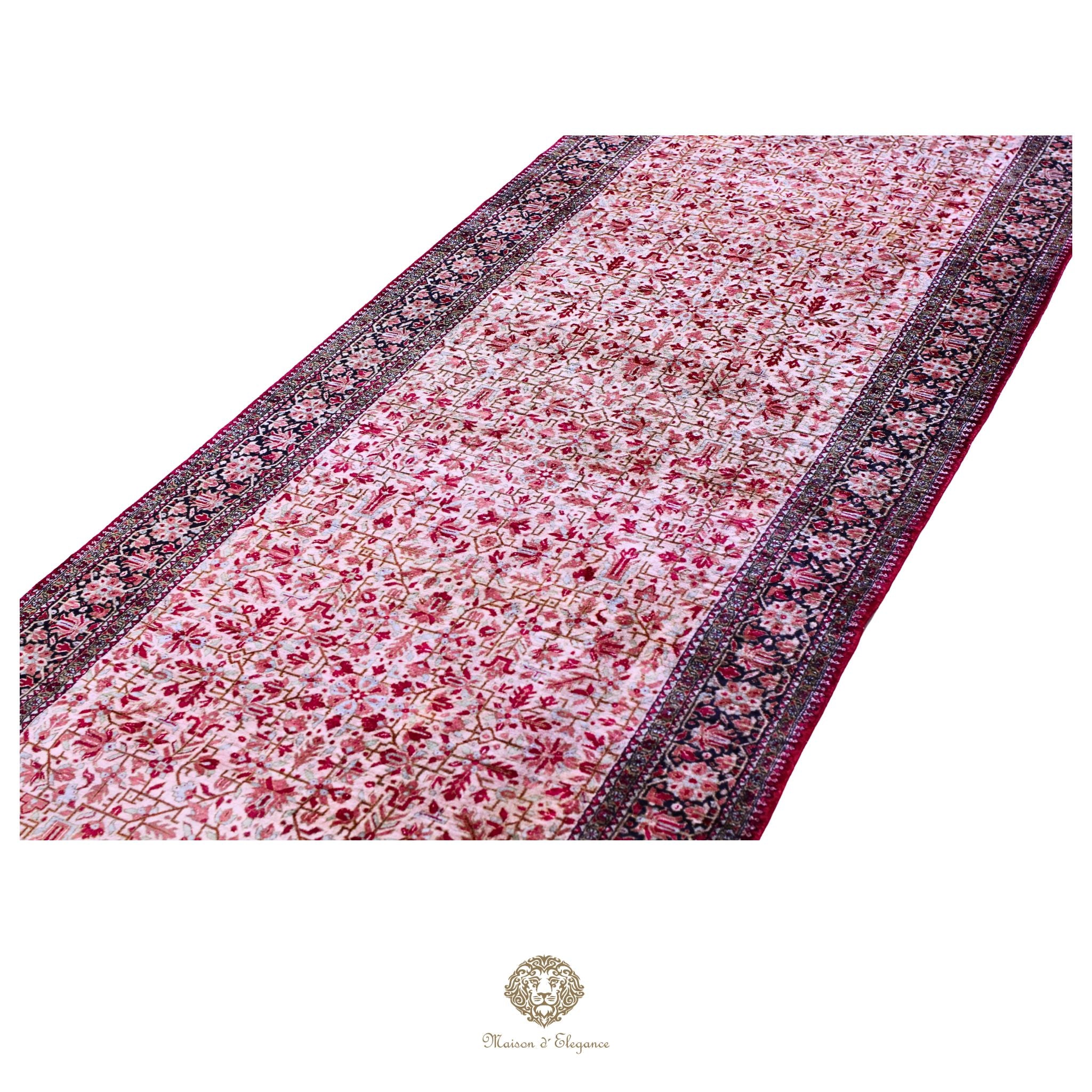 Alfombra persa tipo pasillo de seda pura superfina, anudada a mano, tintes naturales, | obra maestra, firmada, 89 x 350 cm