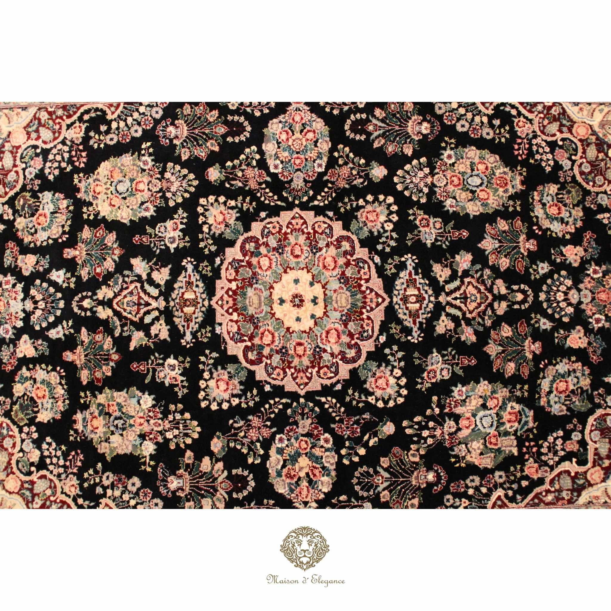 Decorative rug with intricate patterns on a Brown background