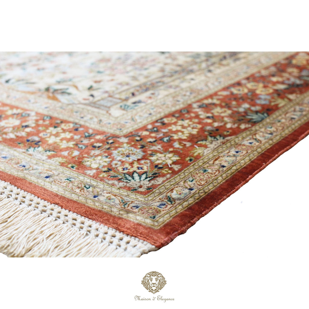 Alfombra persa exclusiva de seda pura - Obra maestra anudada a mano con tintes naturales, firmada, 101 x 155 cm, diseño de oración floral