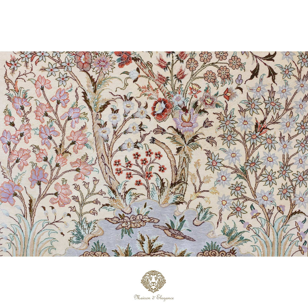 Alfombra persa exclusiva de seda pura - Obra maestra anudada a mano con tintes naturales, firmada, 99 x 154 cm, diseño del árbol de la vida