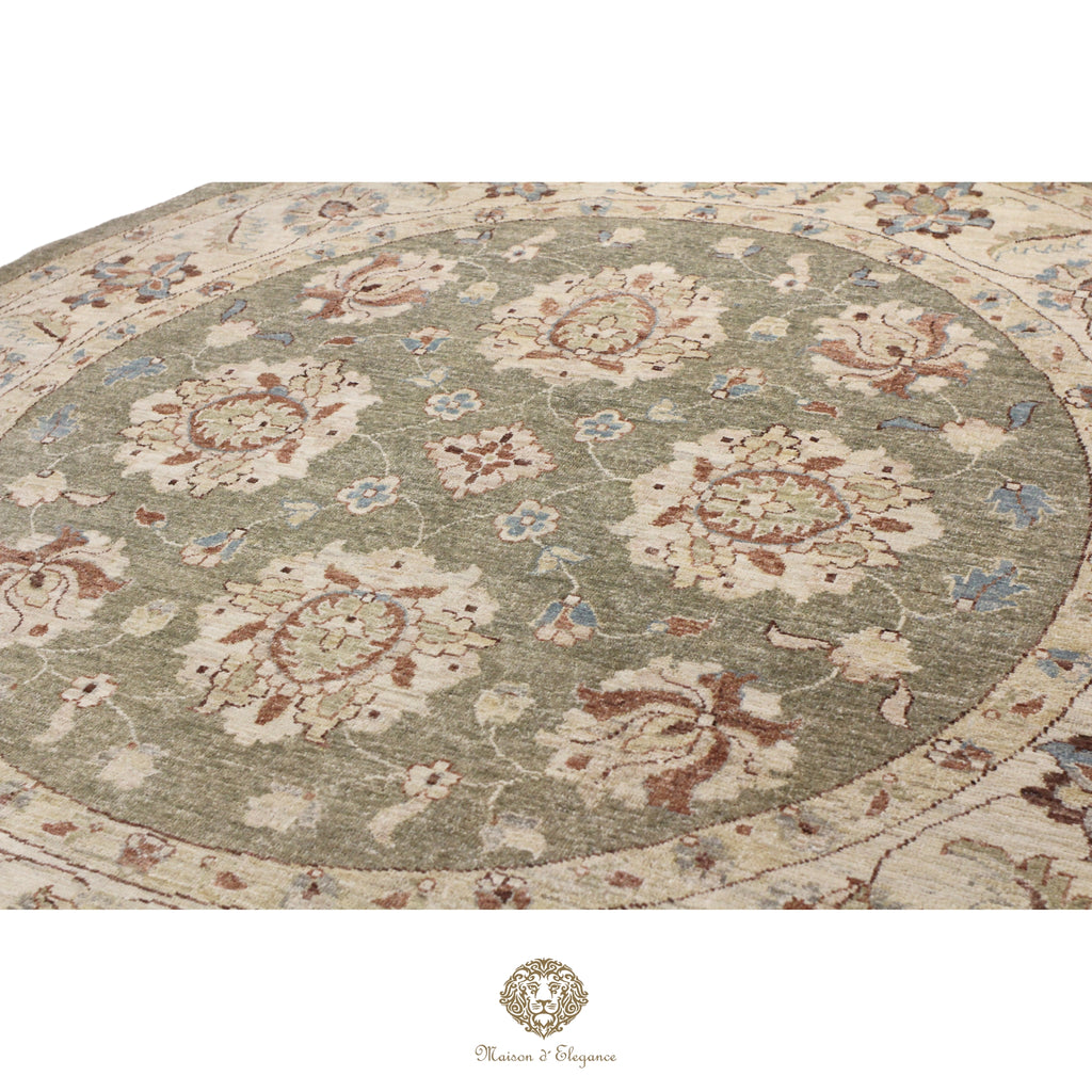 Alfombra Persa Redonda Kashan Anudada a Mano | Lana Verde con Diseño Floral 200x200 cm diametro