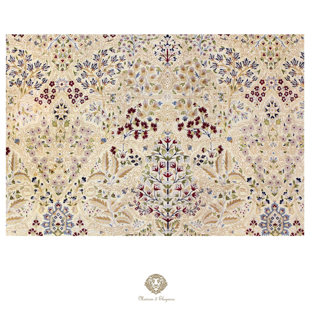 Alfombra de lana estilo Tabriz, superfina color verde marfil con diseño floral | Elegancia 278 x 304 cm