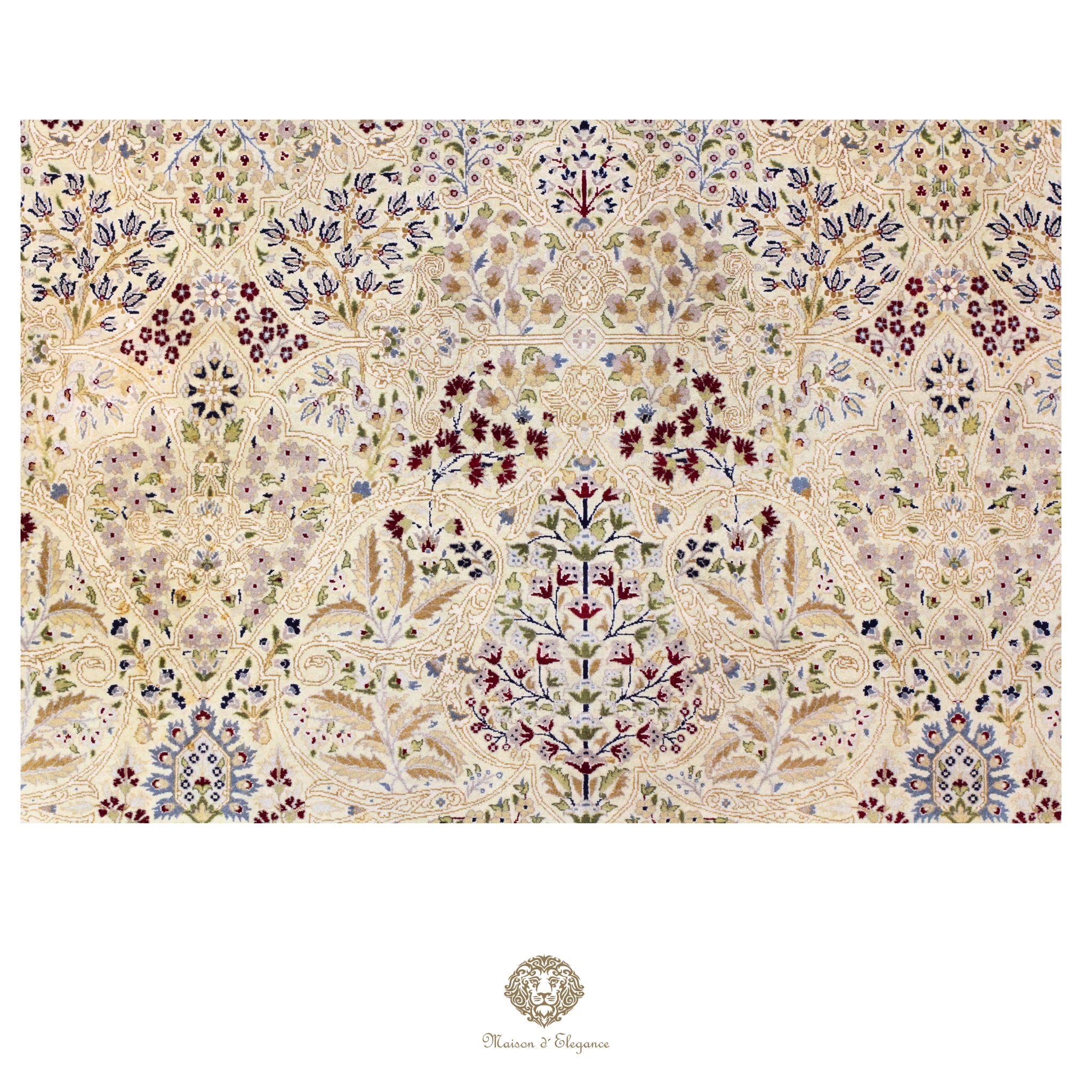 Alfombra de lana estilo Tabriz, superfina color verde marfil con diseño floral | Elegancia 278 x 304 cm