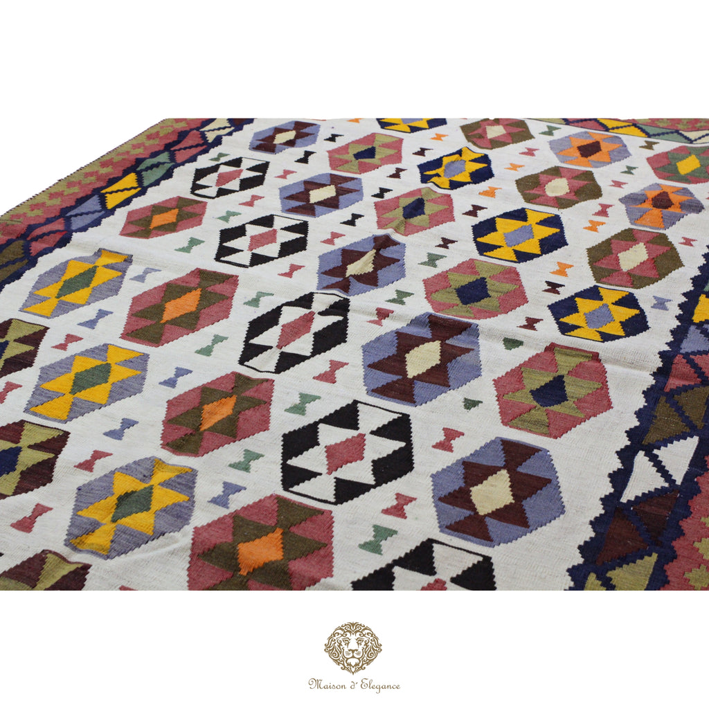 Alfombra Kilim Persa Qashqai Antigua Lana Natural Diseño Geométrico 163x258 cm
