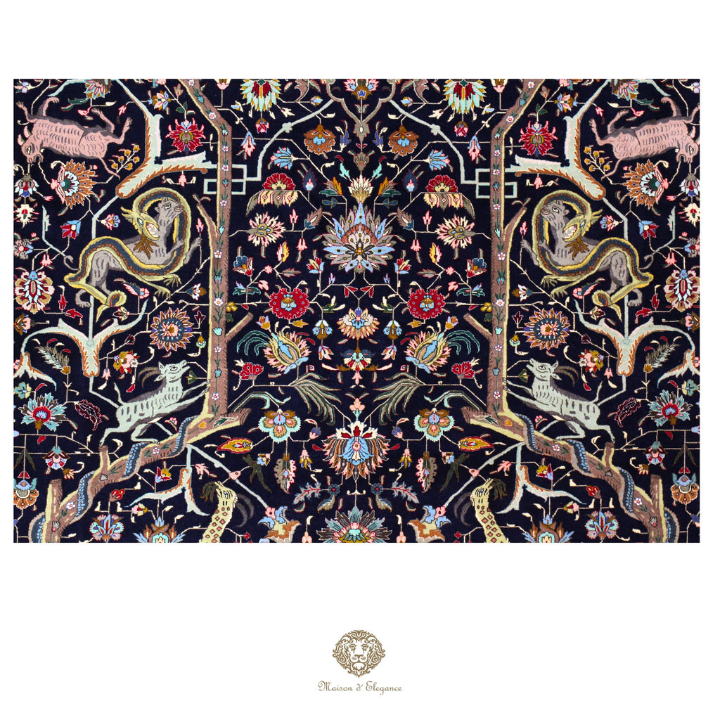 Decorative pattern with animals and flowers on a dark background, featuring the brand 'Chantilly'.