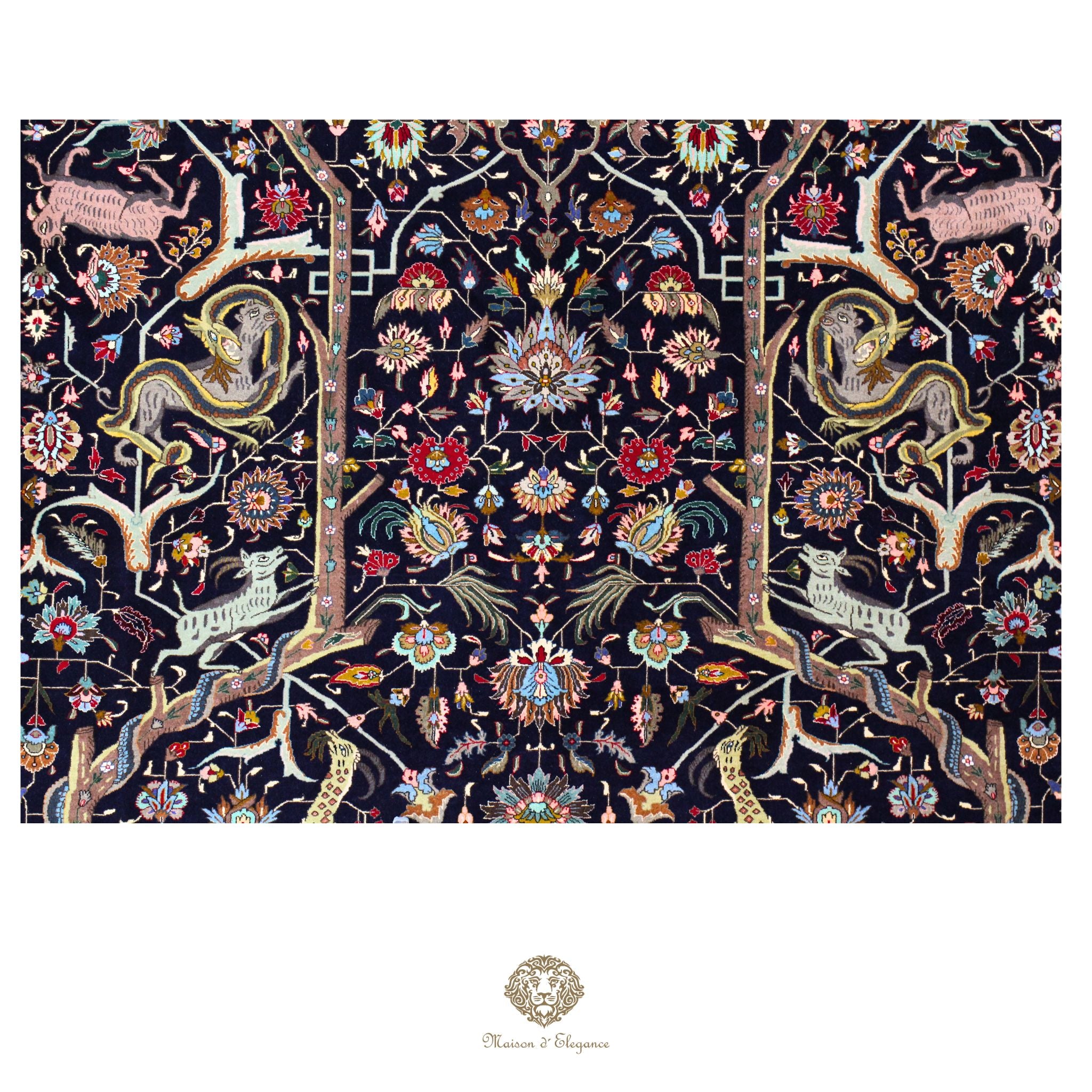 Decorative pattern with animals and flowers on a dark background, featuring the brand 'Chantilly'.