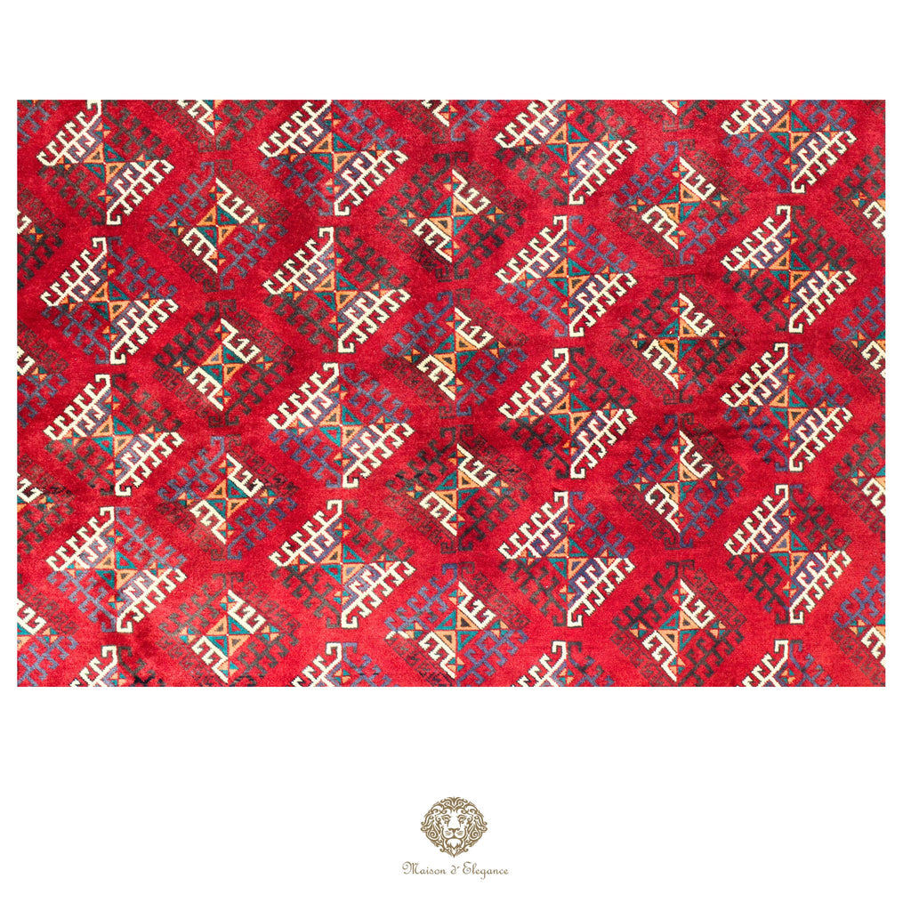 Alfombra persa tradicional de lana Belutch, color rojo | Diseño geométrico nómada, 212 x 332 cm
