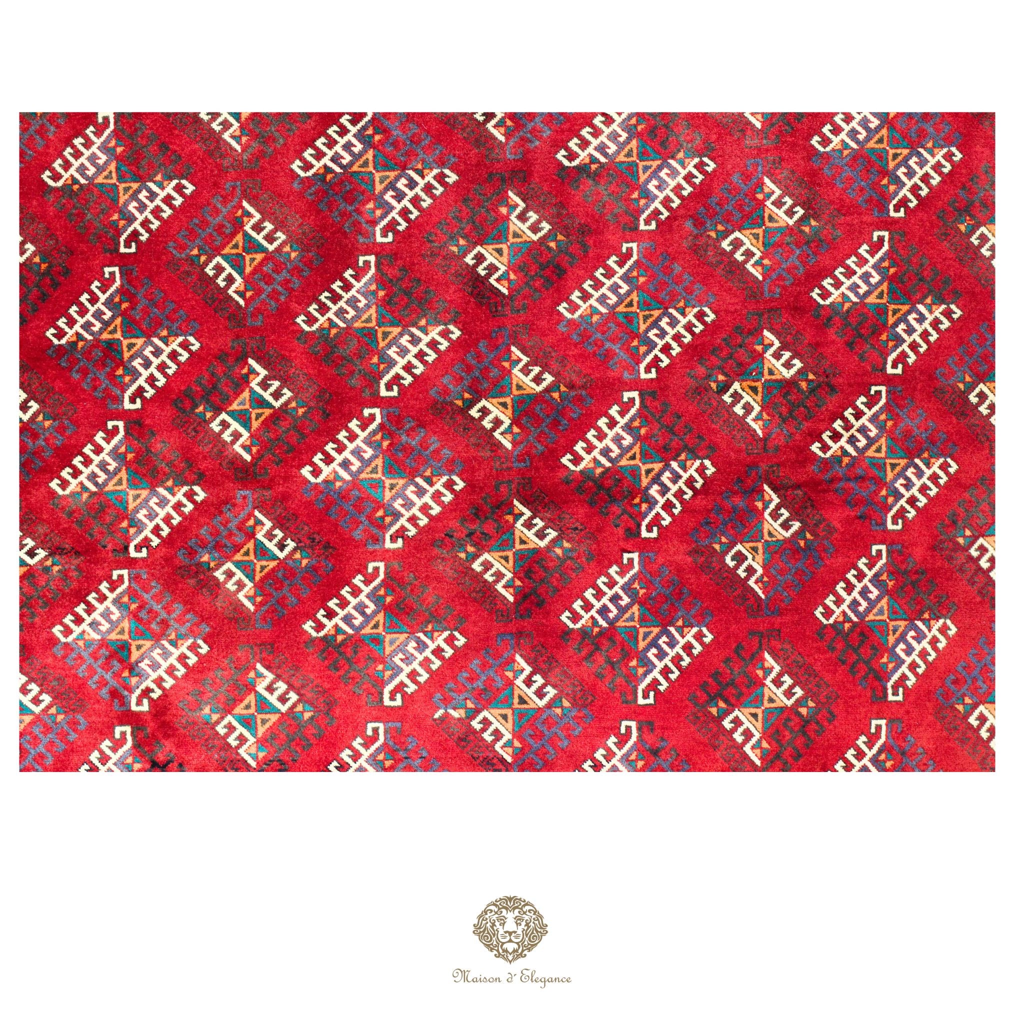 Alfombra persa tradicional de lana Belutch, color rojo | Diseño geométrico nómada, 212 x 332 cm