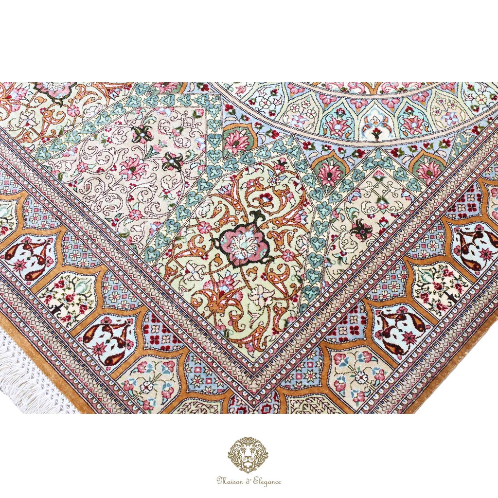 Alfombra persa exclusiva de seda pura, anudada a mano, teñida con tintes naturales, diseño Medallón, obra maestra de alta gama, firmada, 100 x 153 cm.
