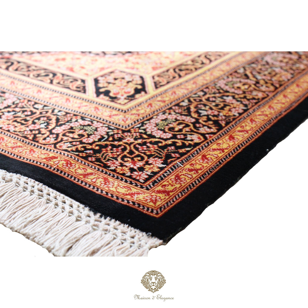 Alfombra persa exclusiva de seda pura, anudada a mano, teñida con tintes naturales, obra maestra con diseño de medallón, firmada, 97x150 cm