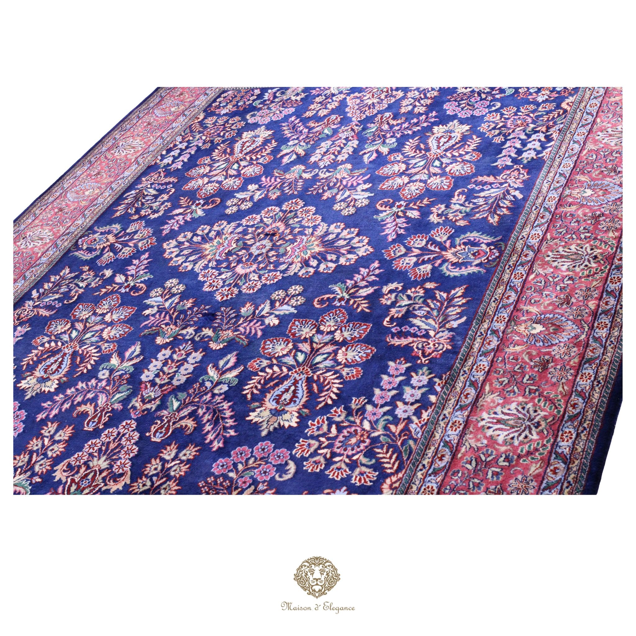 Alfombra de lana estilo KSarough de la India | Alfombra oriental con diseño floral integral en tonos azul marino 238 x 302 cm