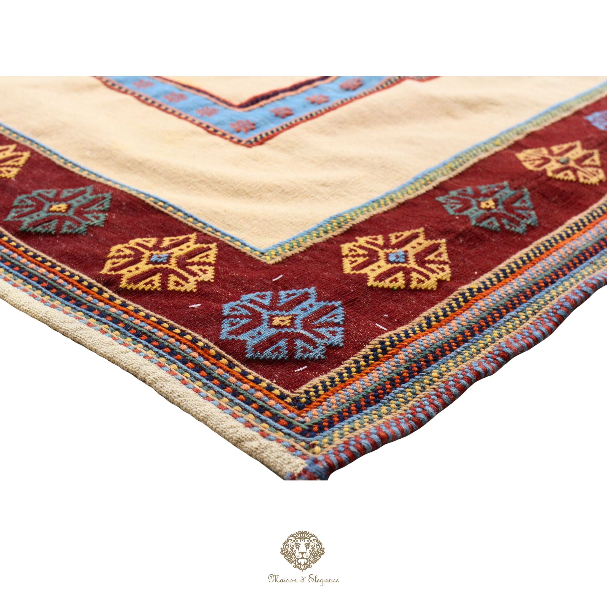 Alfombra persa moderna Kia Sar Kilim, hecha a mano en lana, color natural | Cuadrada 247x250 cm