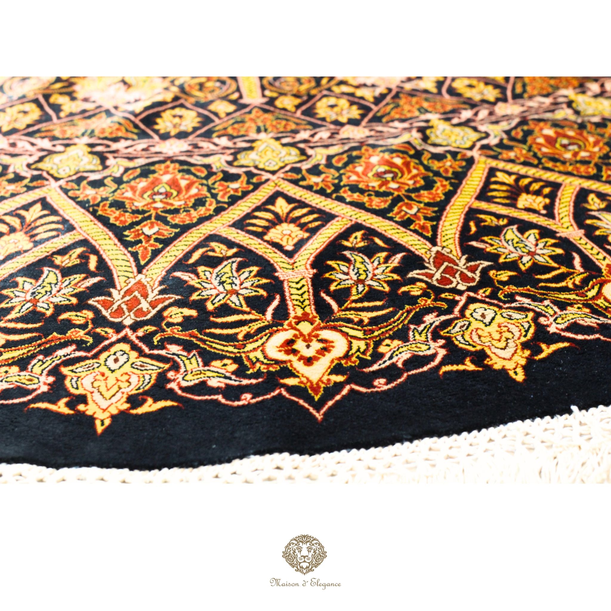 Alfombra persa redonda Qom superfina exclusiva, de seda pura, anudada a mano, teñida con tintes naturales, obra maestra de alta gama, firmada, 209 x 210 cm de diámetro.