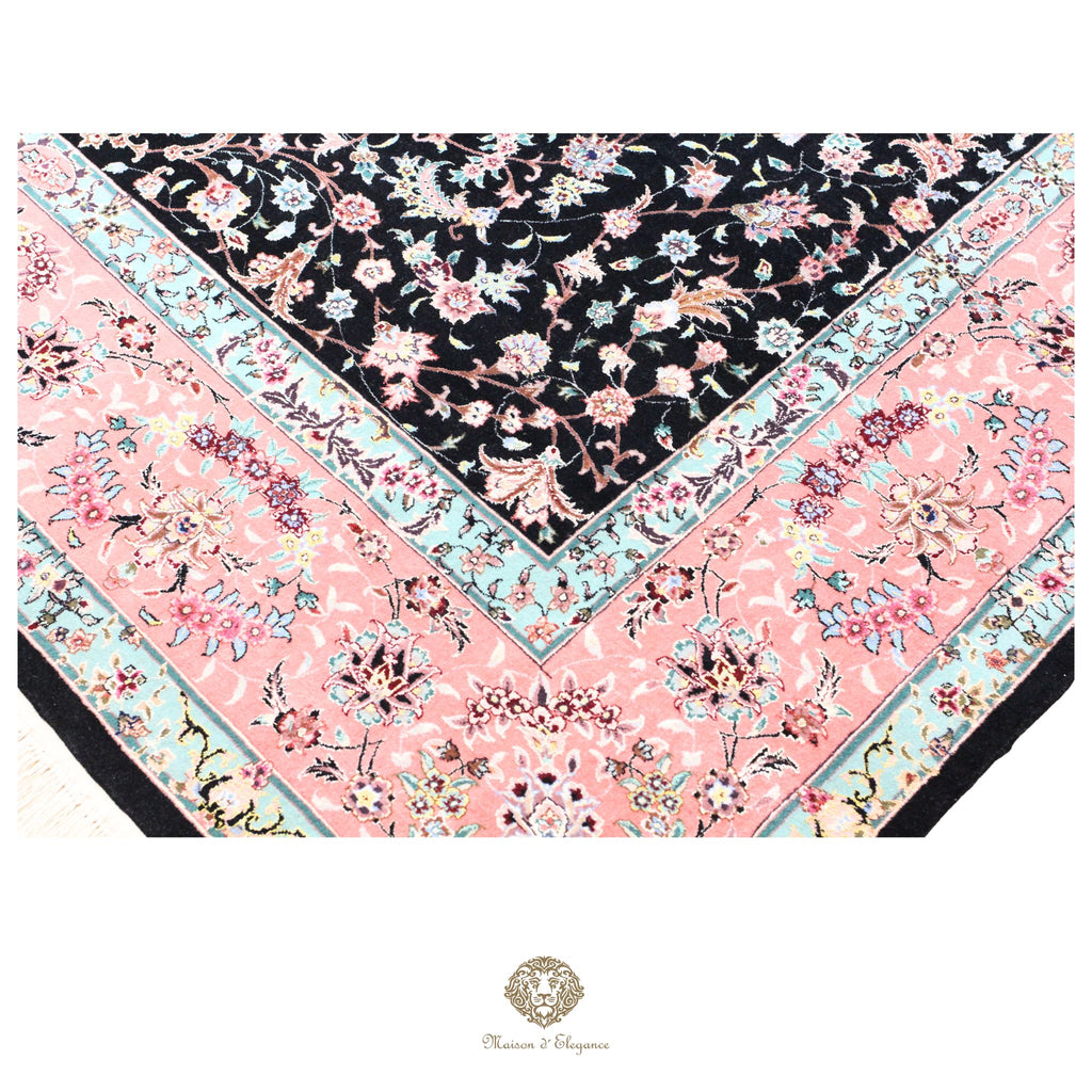Alfombra de lana estilo Tabriz, superfina color negro marfil con diseño floral | Elegancia 243x330 cm