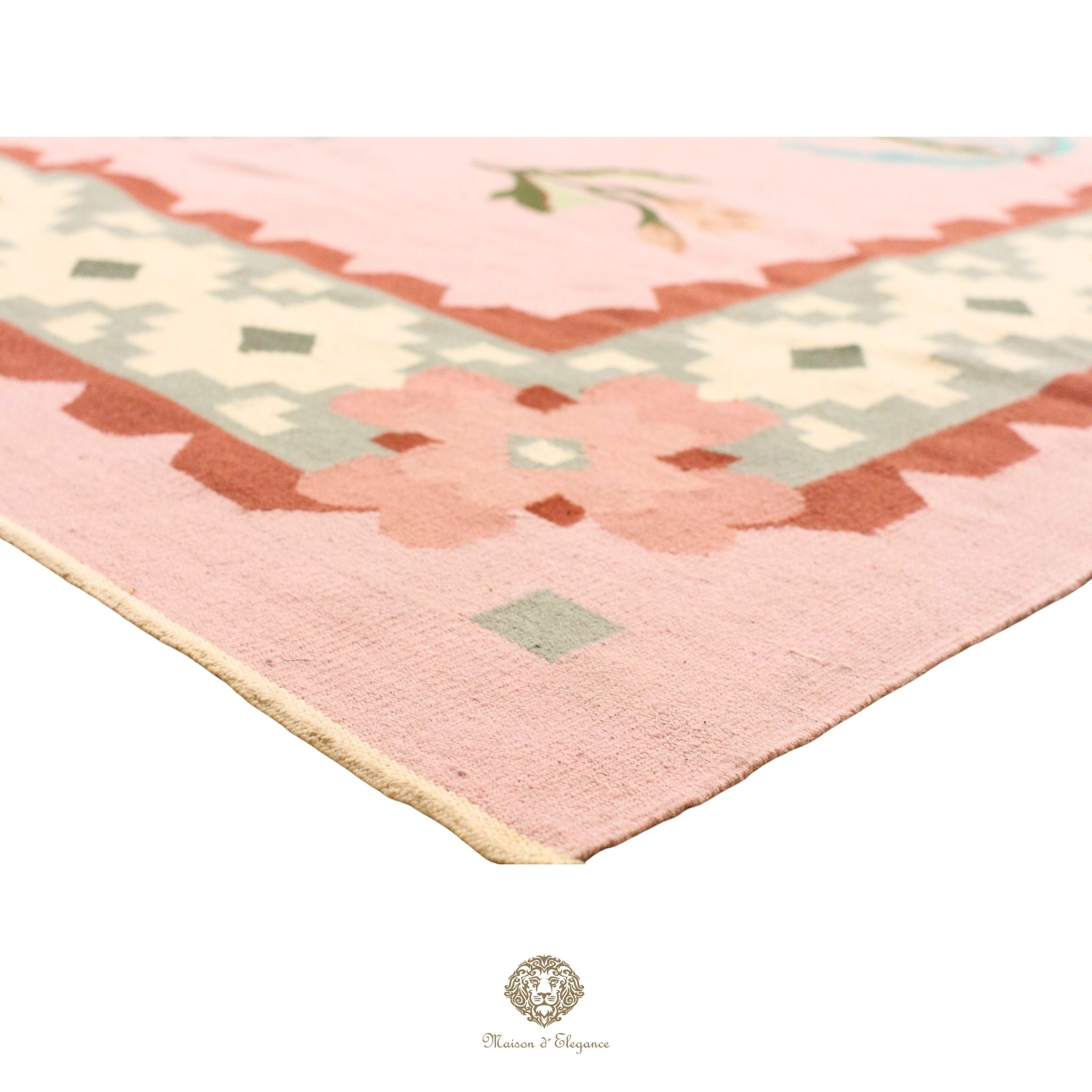 Alfombra Kilim fina, tejido plano, lana color natural | Diseño floral europeo, 274x365 cm Rosa
