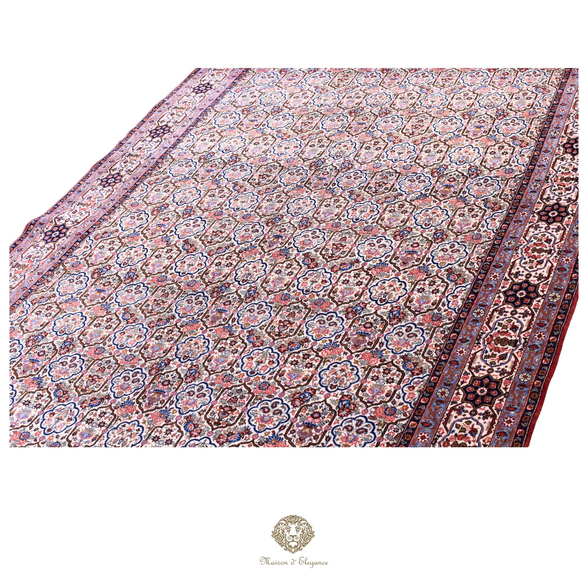 Alfombra persa antigua de lana Qum | Diseño floral integral 218 x 340 cm