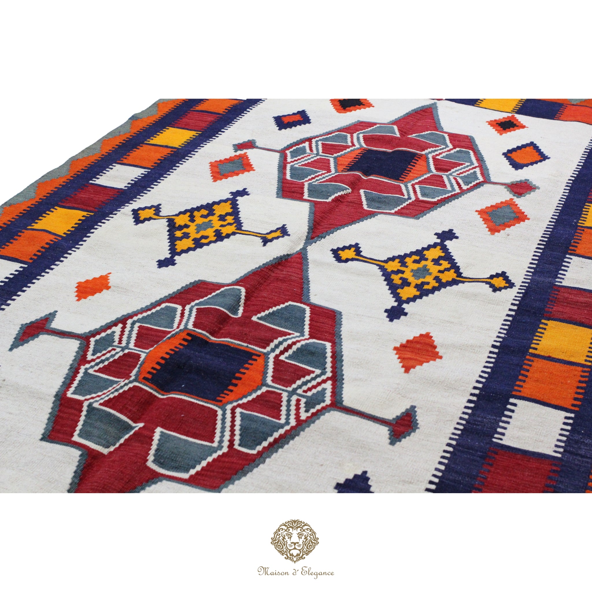 Colorful geometric patterned rug with vibrant colors on a white background