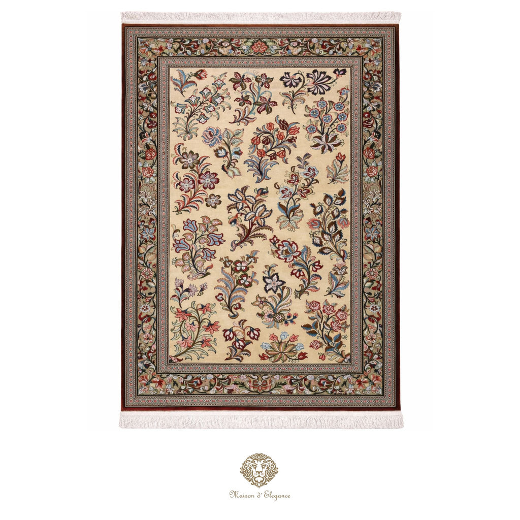 Decorative floral rug with intricate patterns on a ivory background