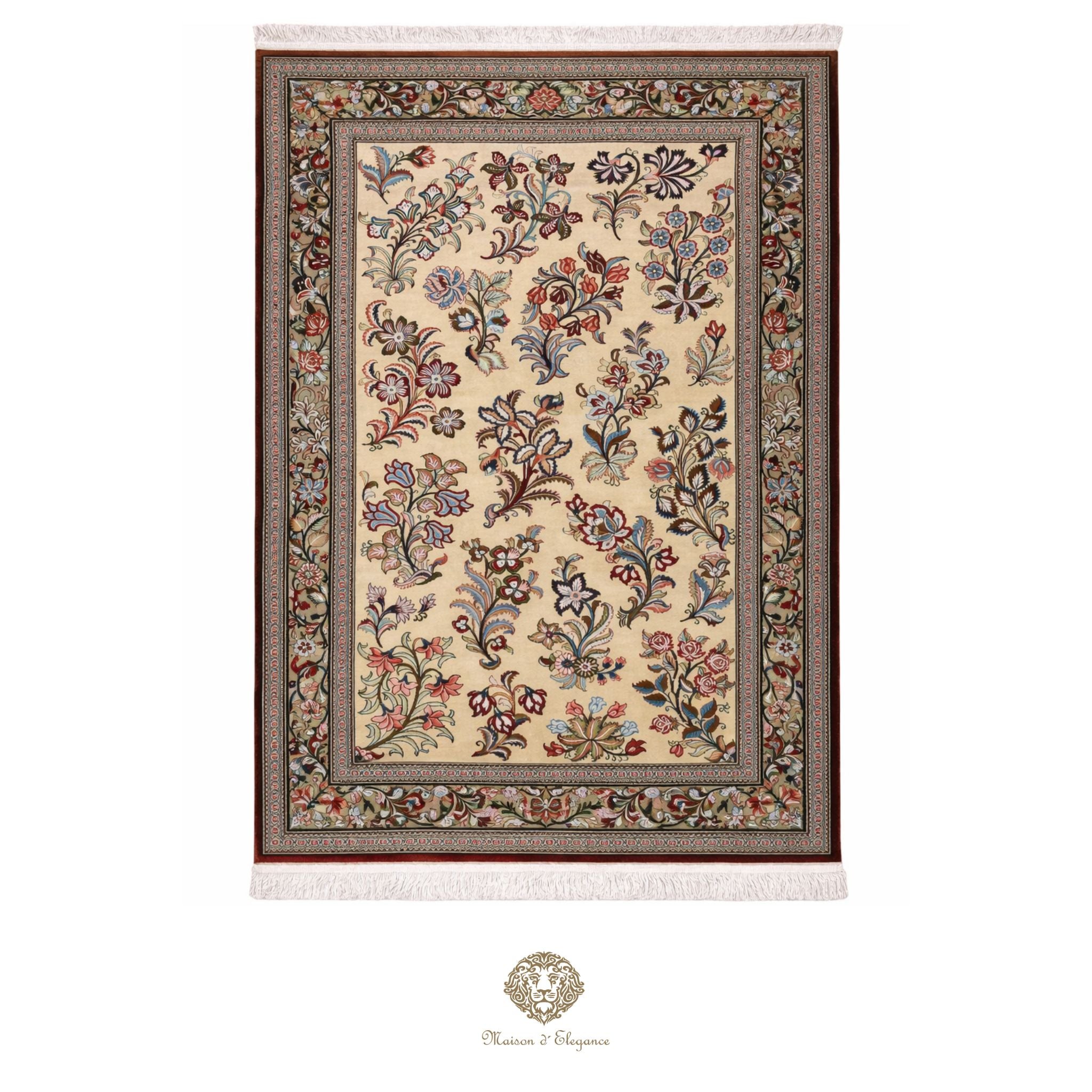 Decorative floral rug with intricate patterns on a ivory background