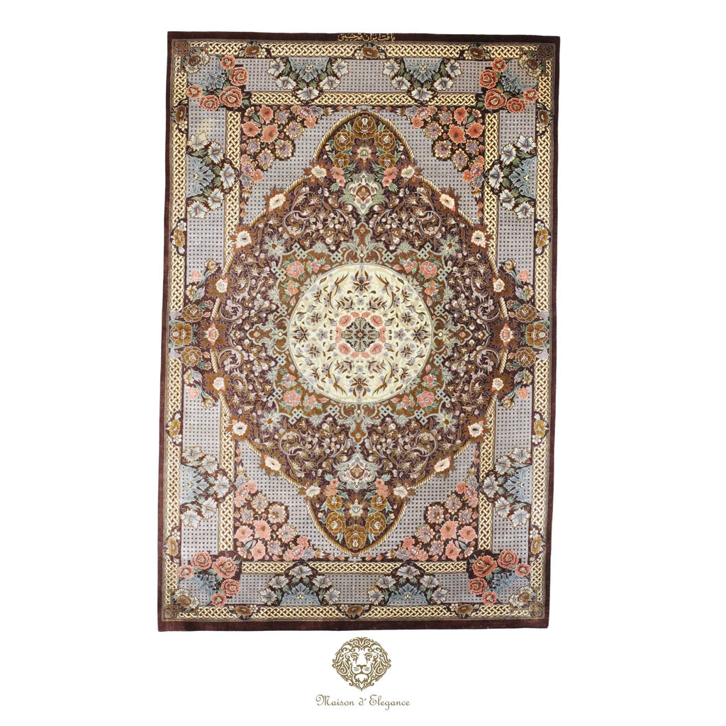 Decorative rug with intricate floral patterns on a white background