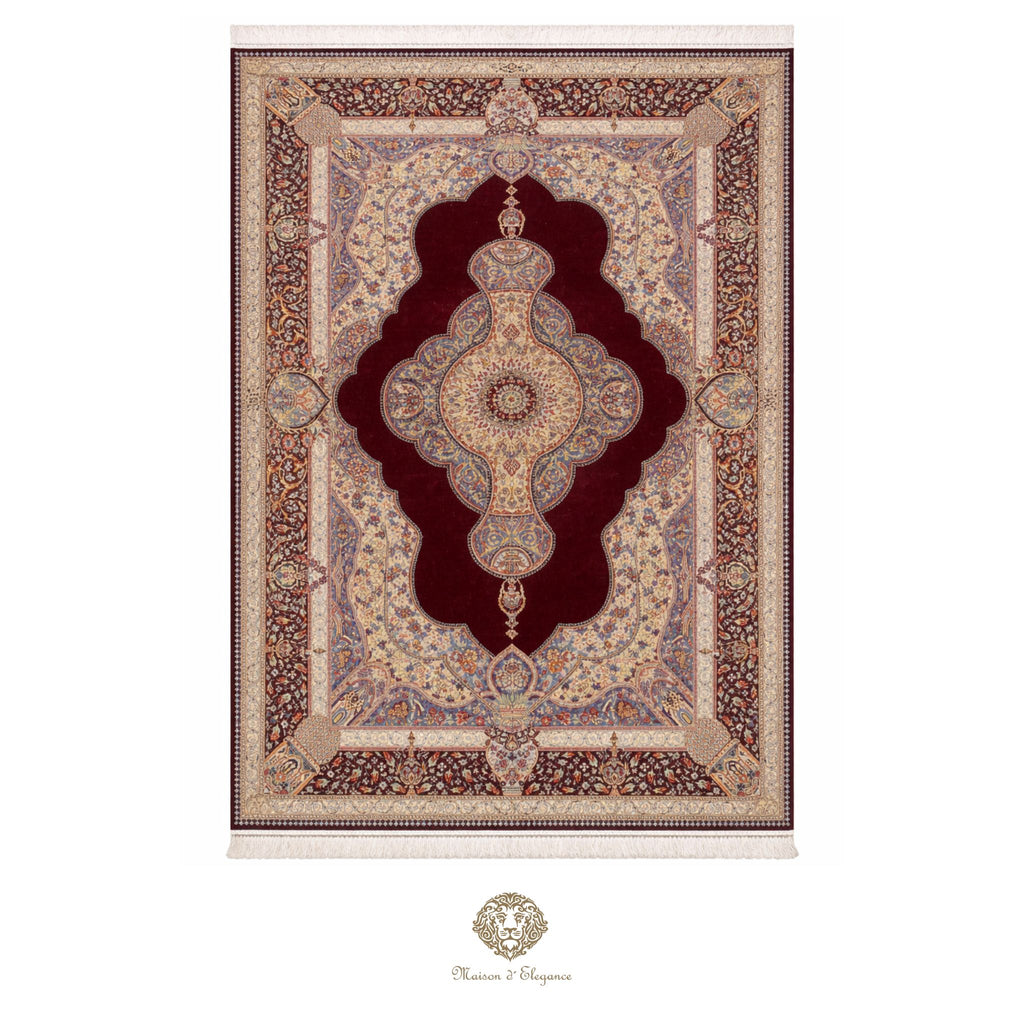 Decorative rug with intricate patterns on a red background