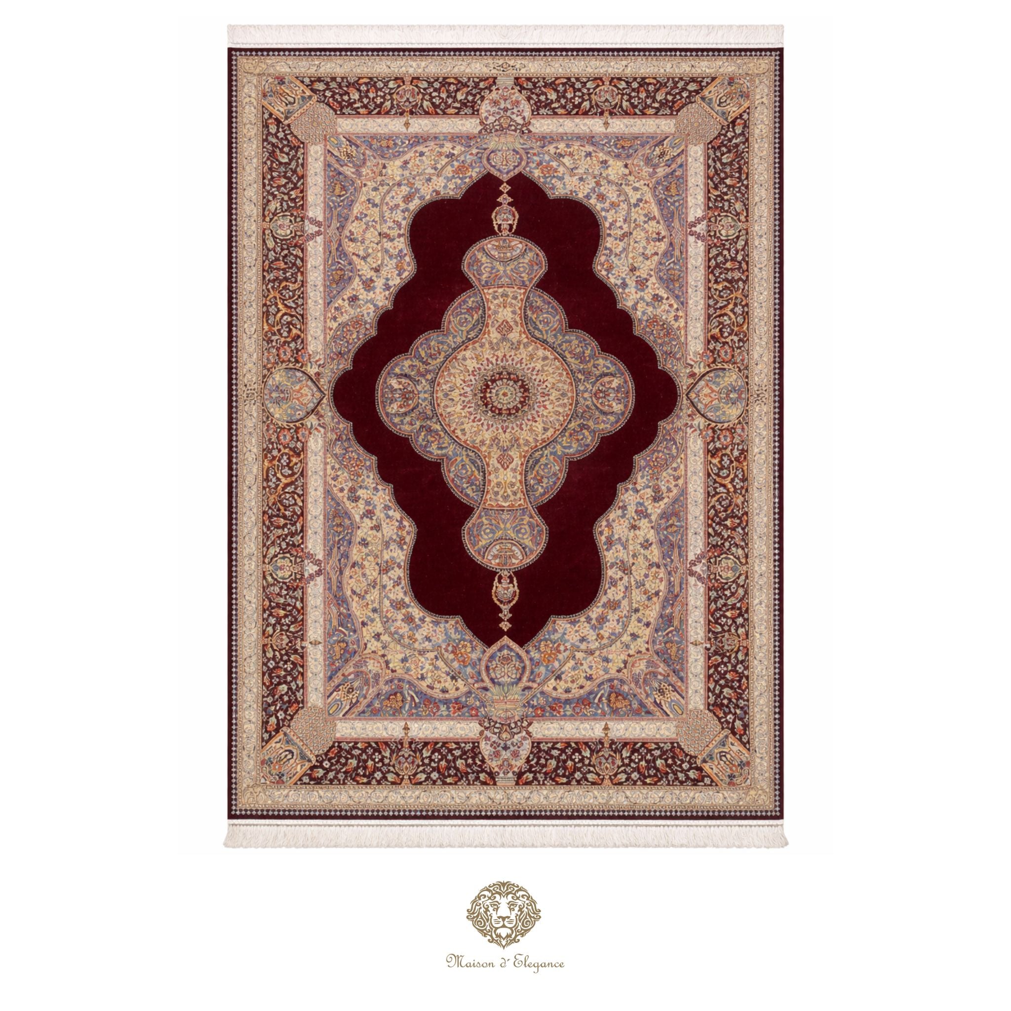 Decorative rug with intricate patterns on a red background