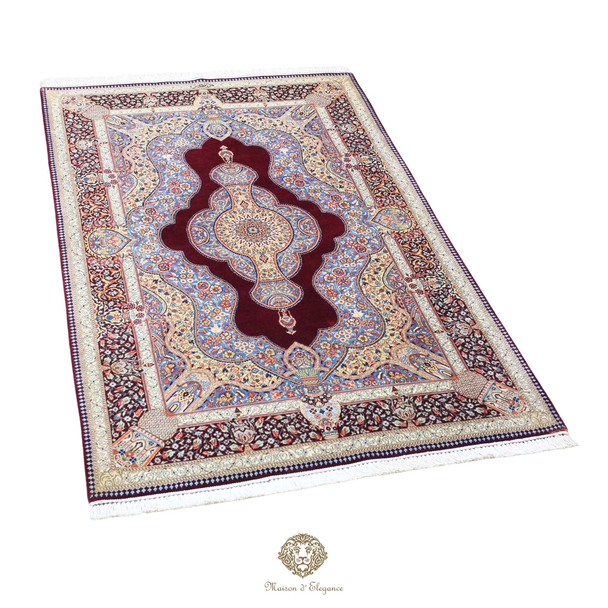 Decorative rug with intricate patterns on a white background