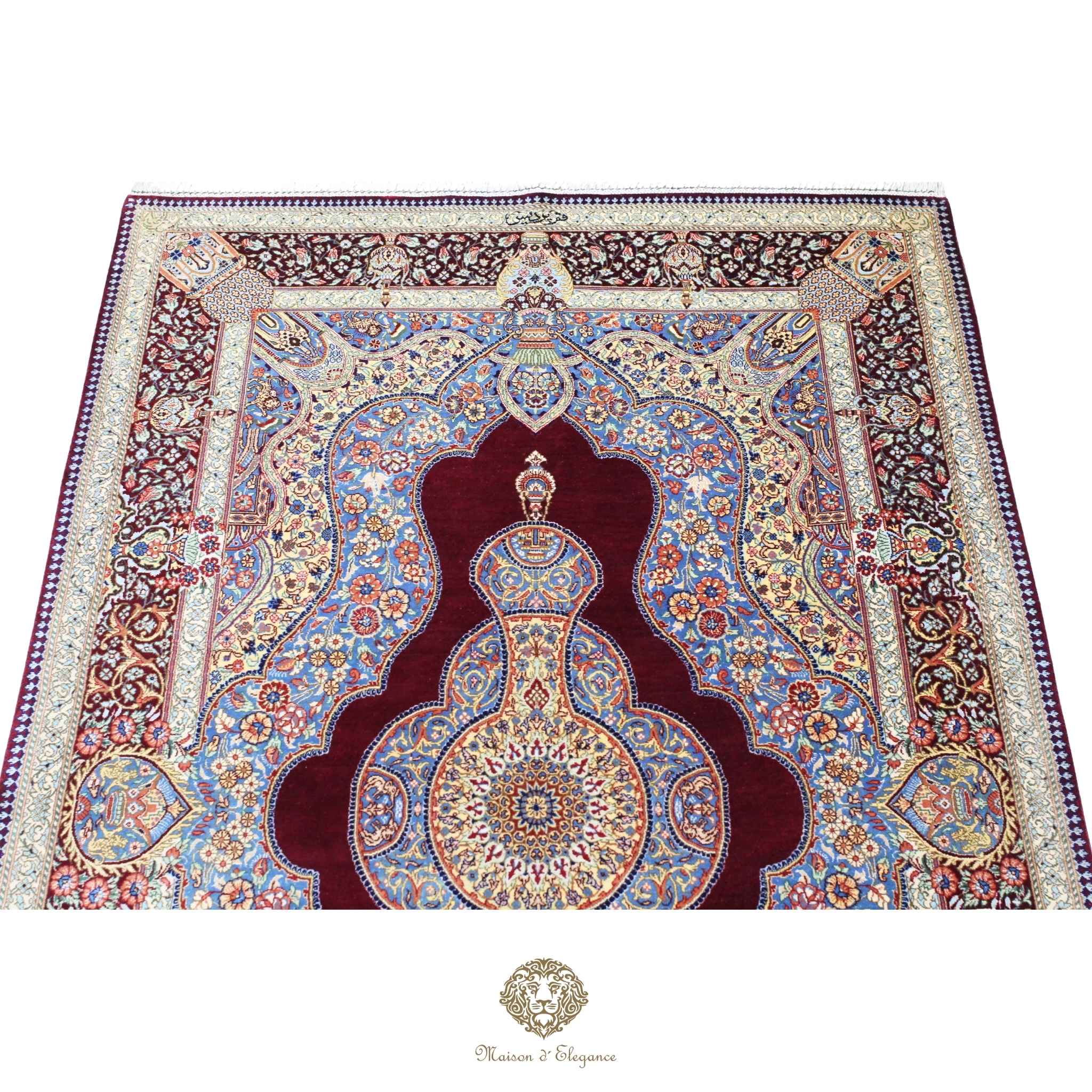Decorative rug with intricate patterns on a red background
