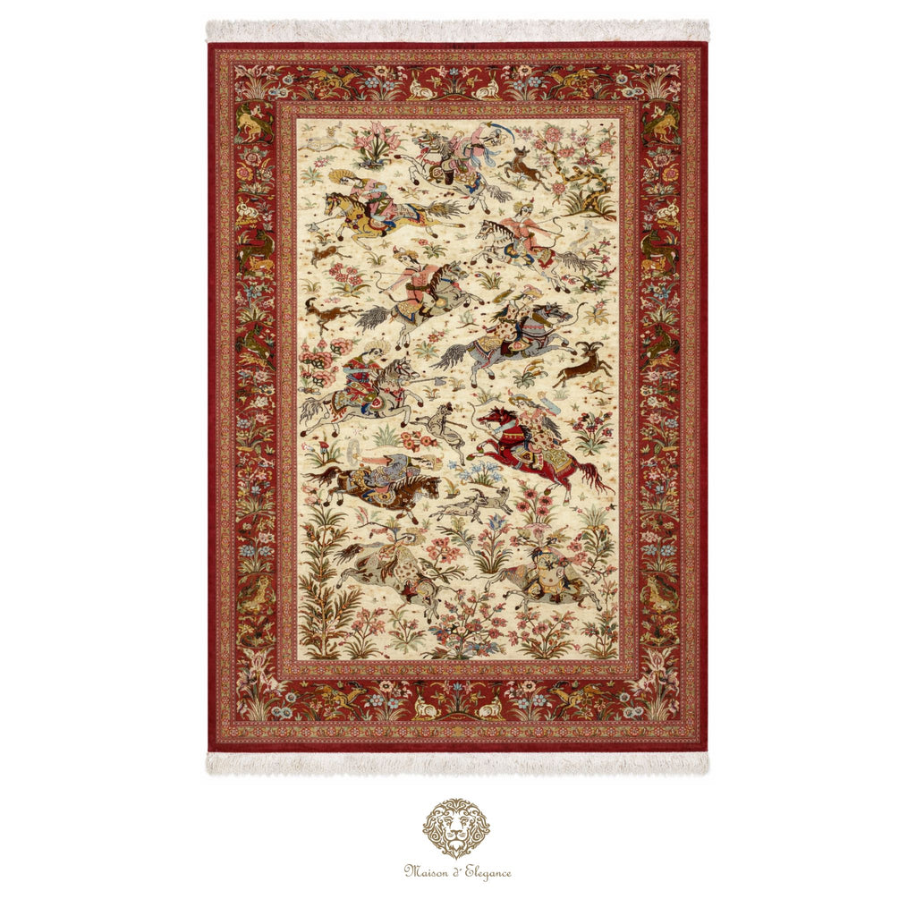 Decorative rug with intricate patterns and border on a white background