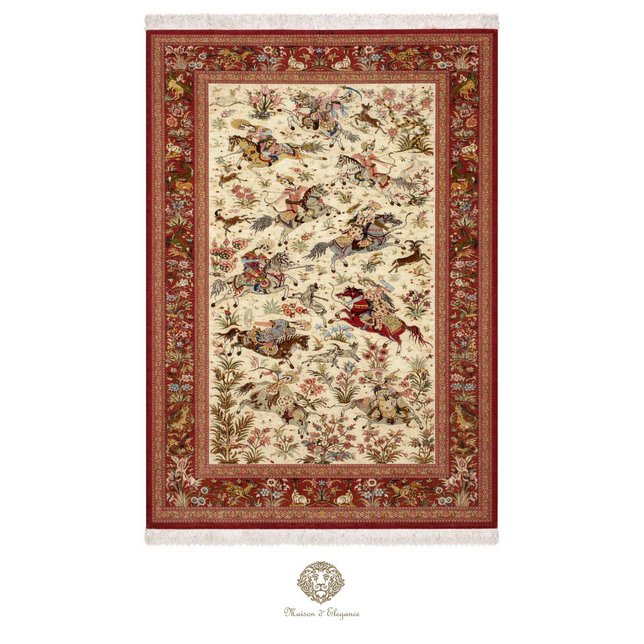 Decorative rug with intricate patterns and border on a white background