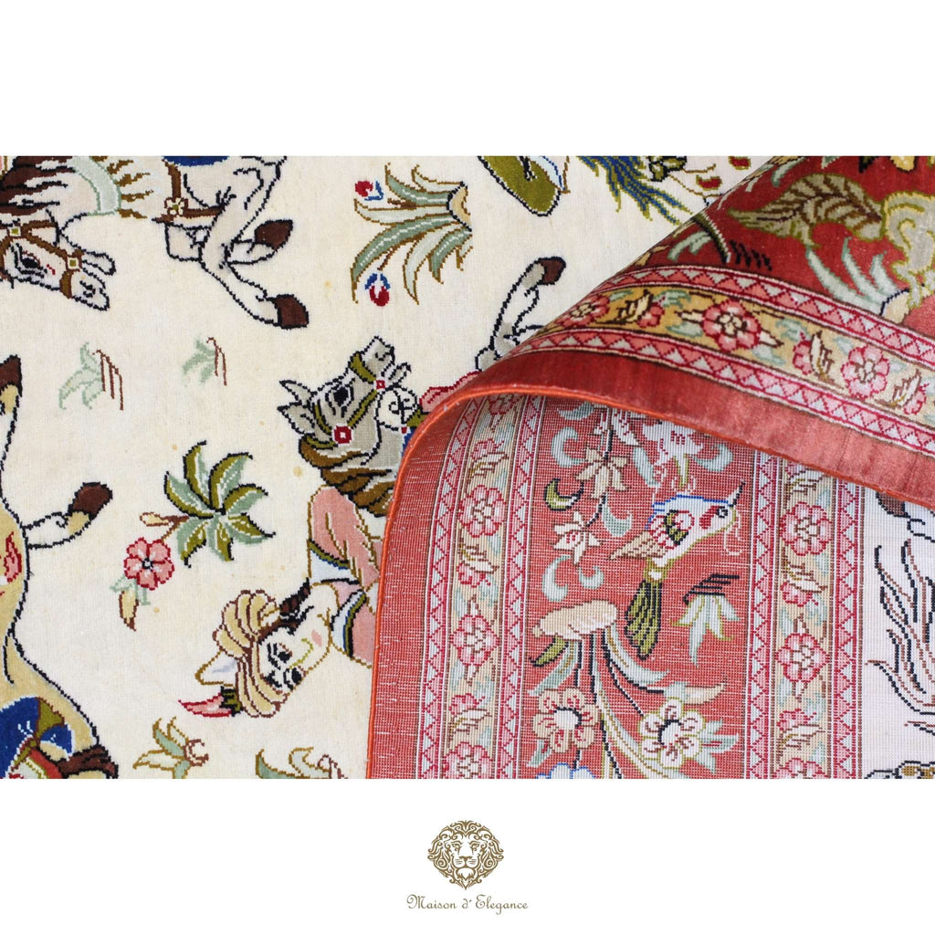 Close-up of a fabric with intricate patterns and colors, featuring a brand logo at the bottom.