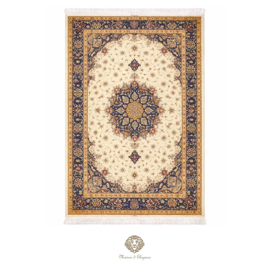 Decorative rug with intricate patterns on a white background