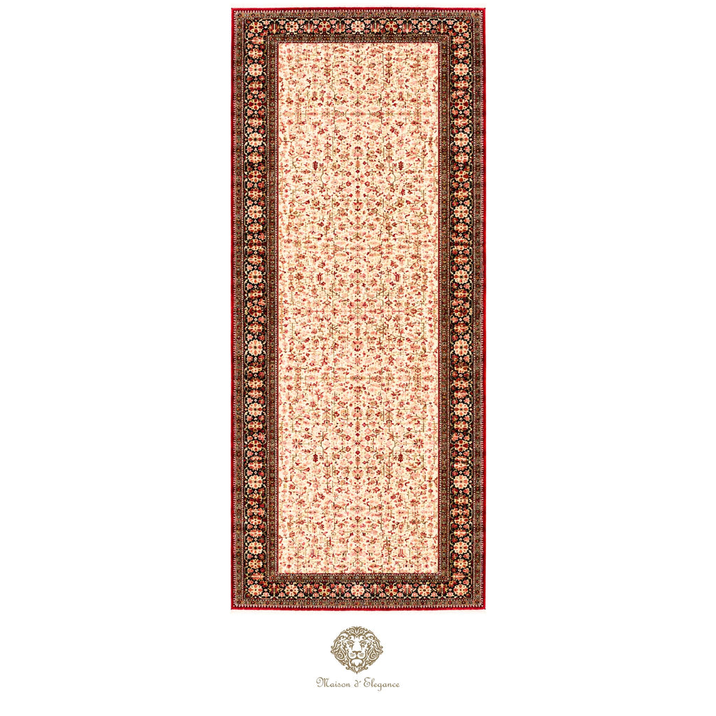 Decorative rug with intricate border design on a white background