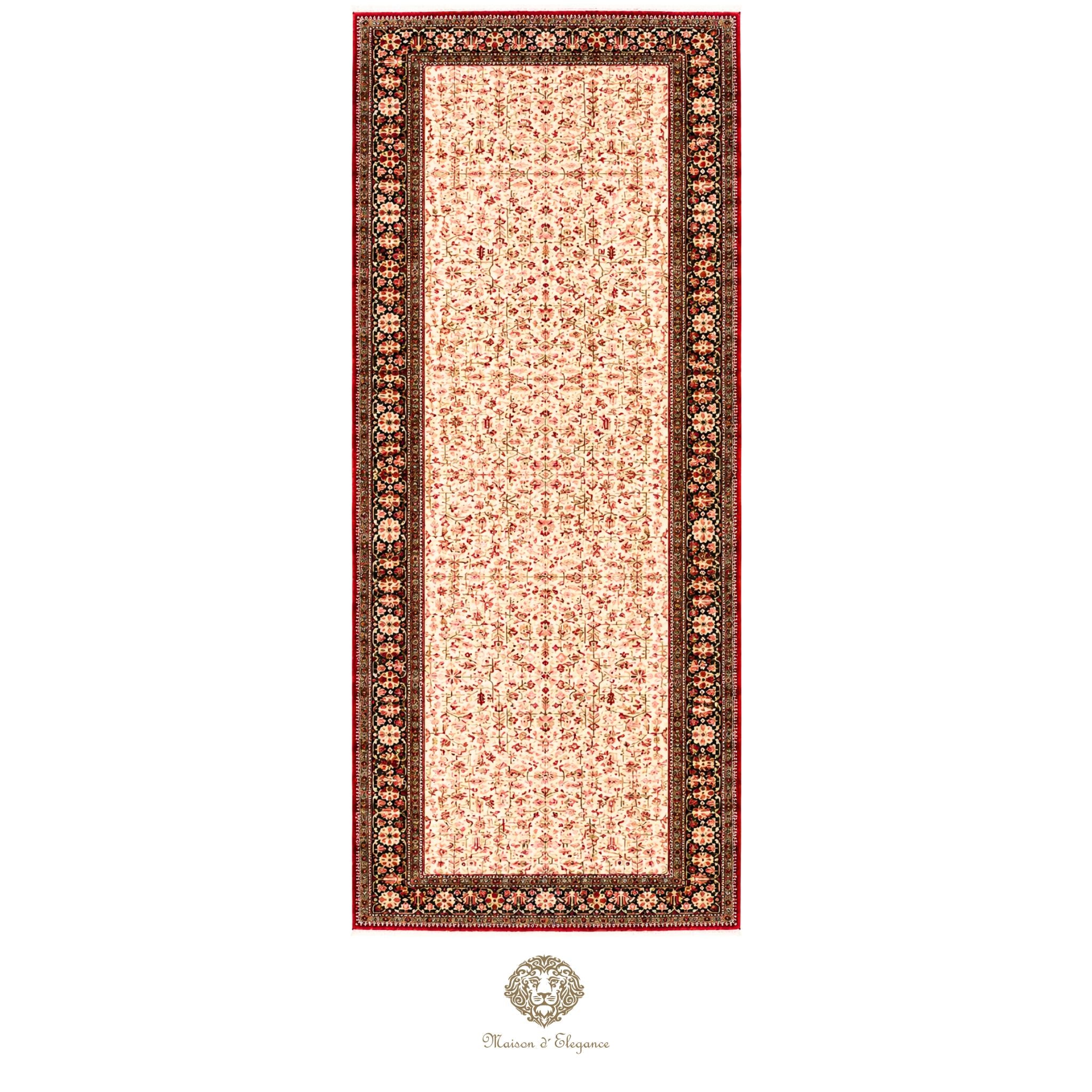 Decorative rug with intricate border design on a white background