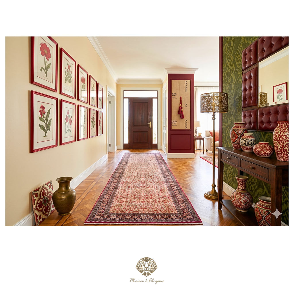 Decorative hallway with framed artwork, a rug, and ornate vases.