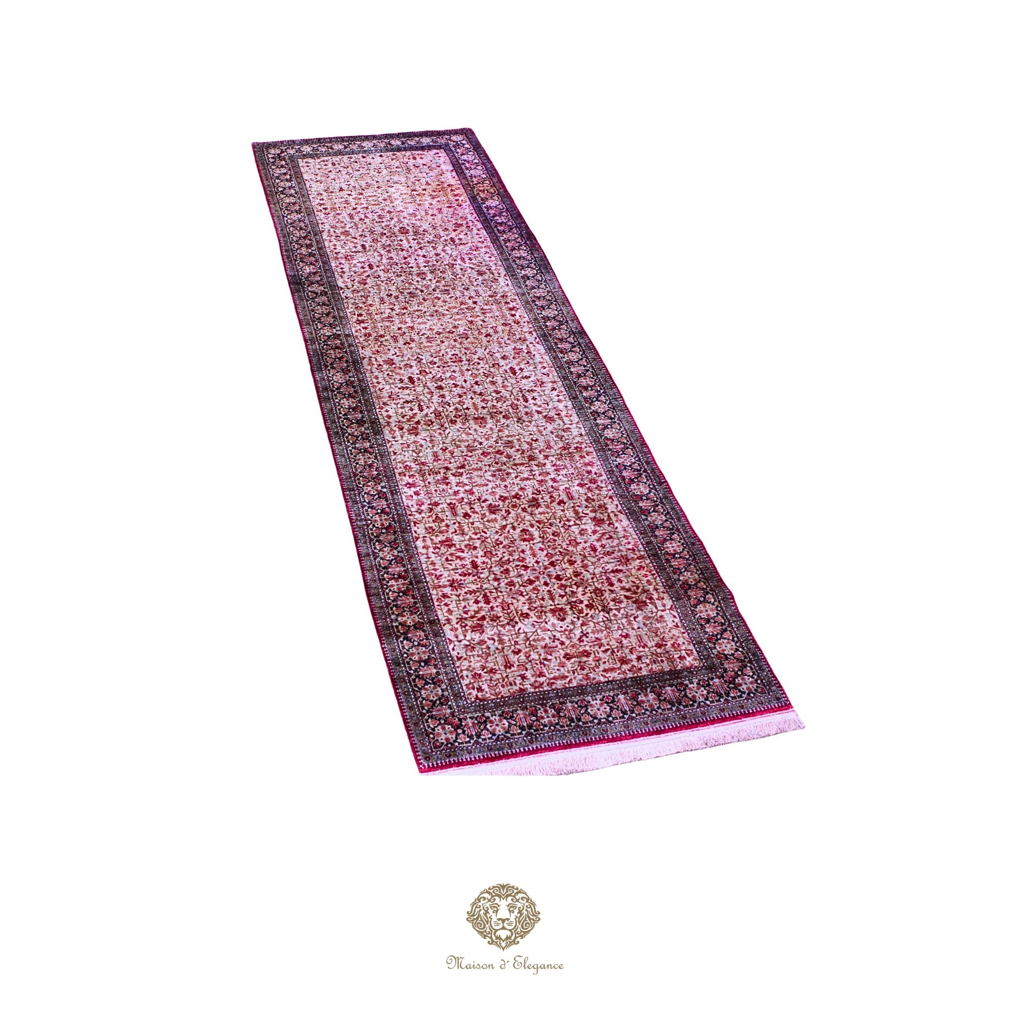 Long rectangular rug with intricate patterns on a white background