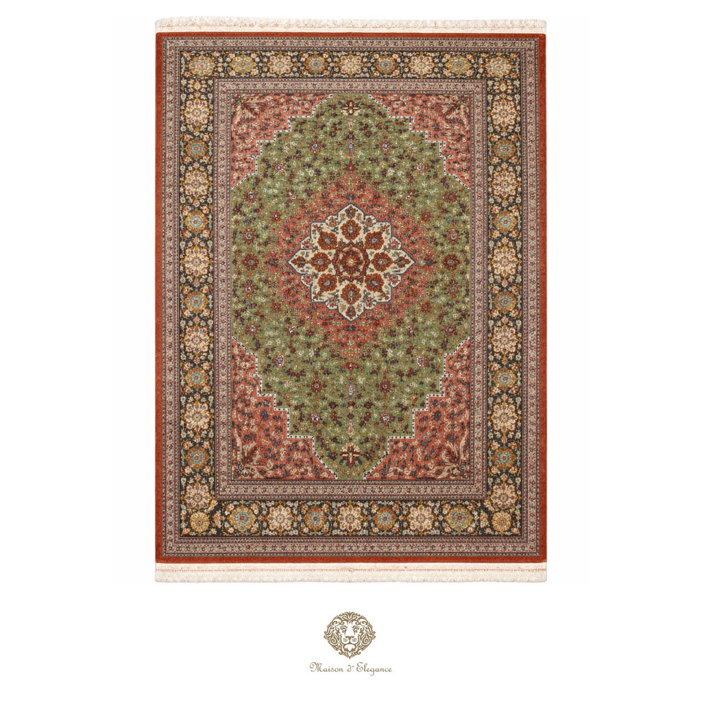 Decorative rug with intricate patterns on a green background