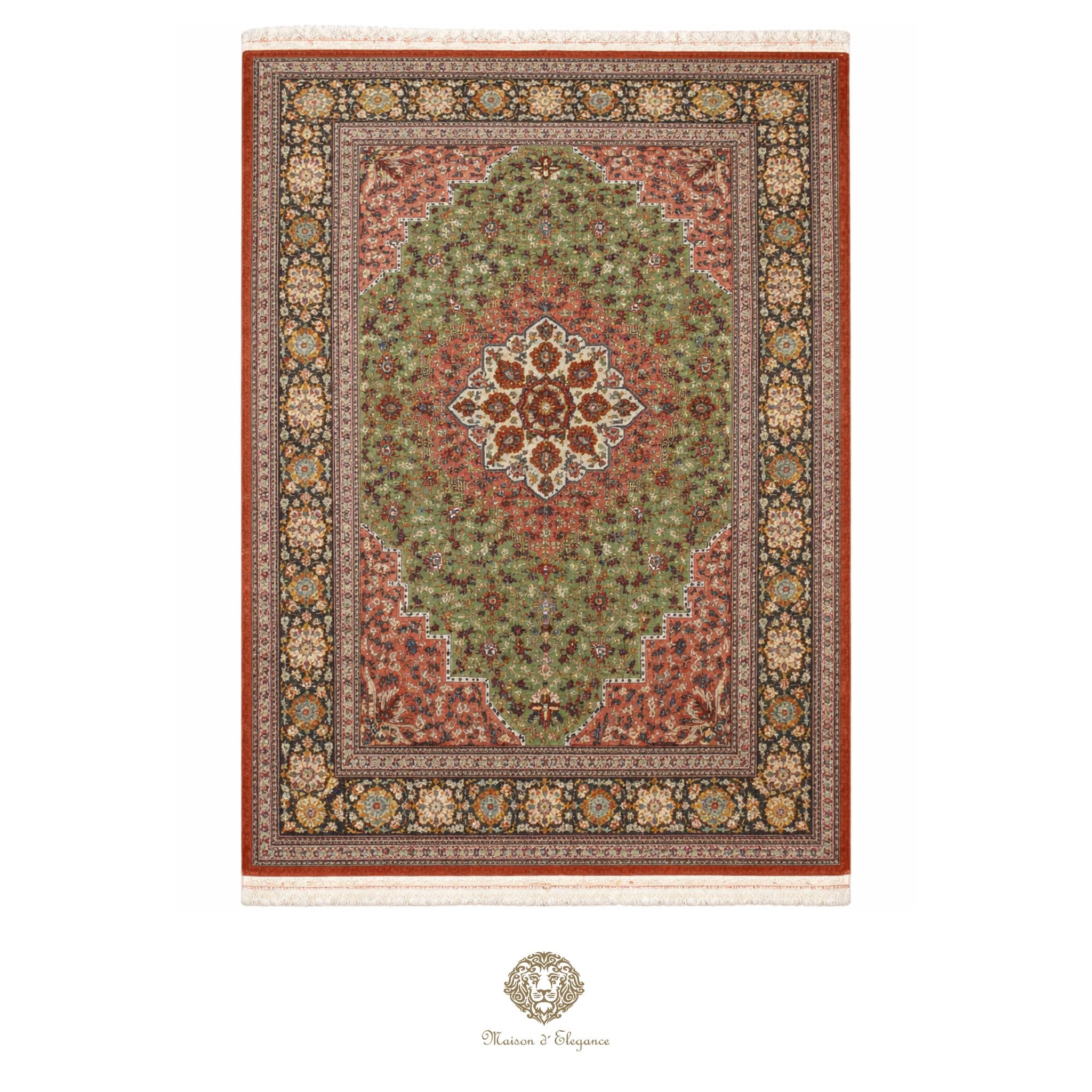 Decorative rug with intricate patterns on a green background
