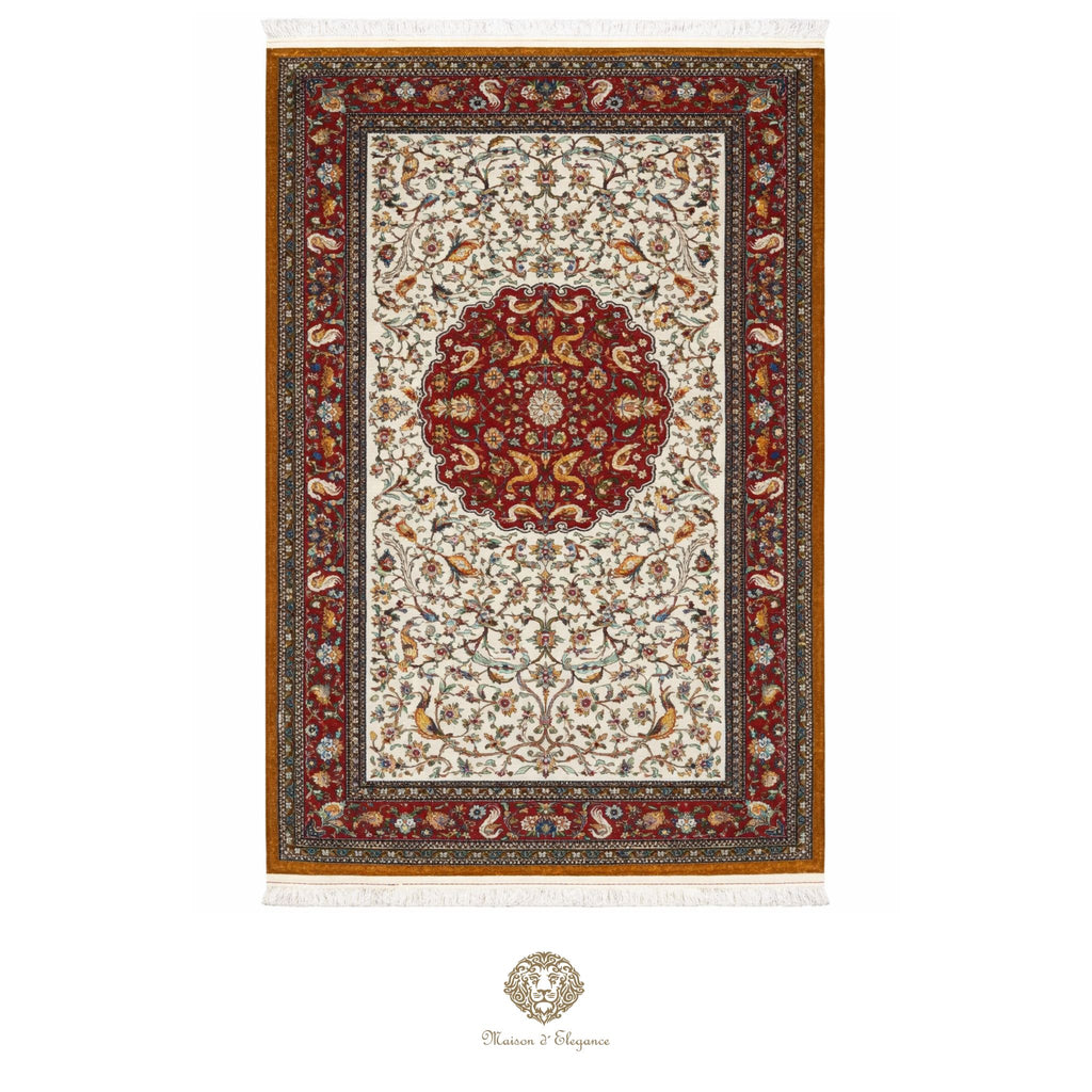 Decorative rug with intricate patterns on a white background