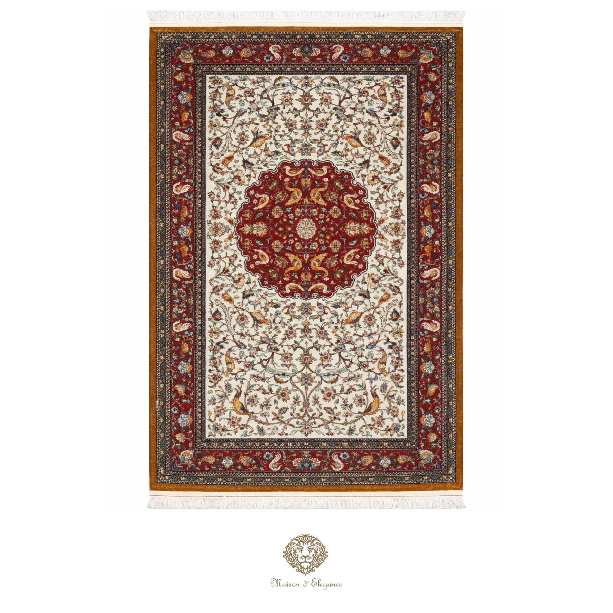 Decorative rug with intricate patterns on a white background