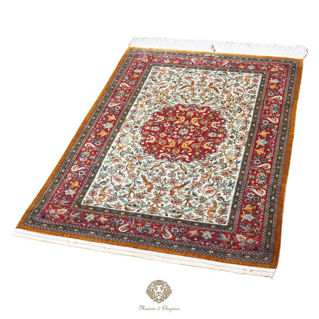 Decorative rug with intricate patterns on a white background