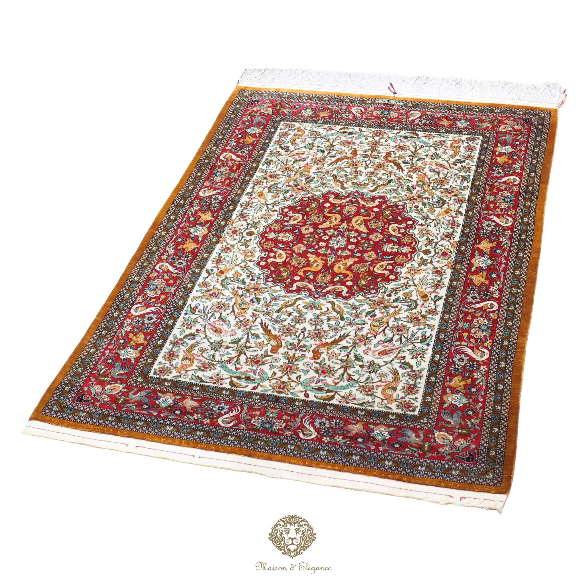 Decorative rug with intricate patterns on a white background