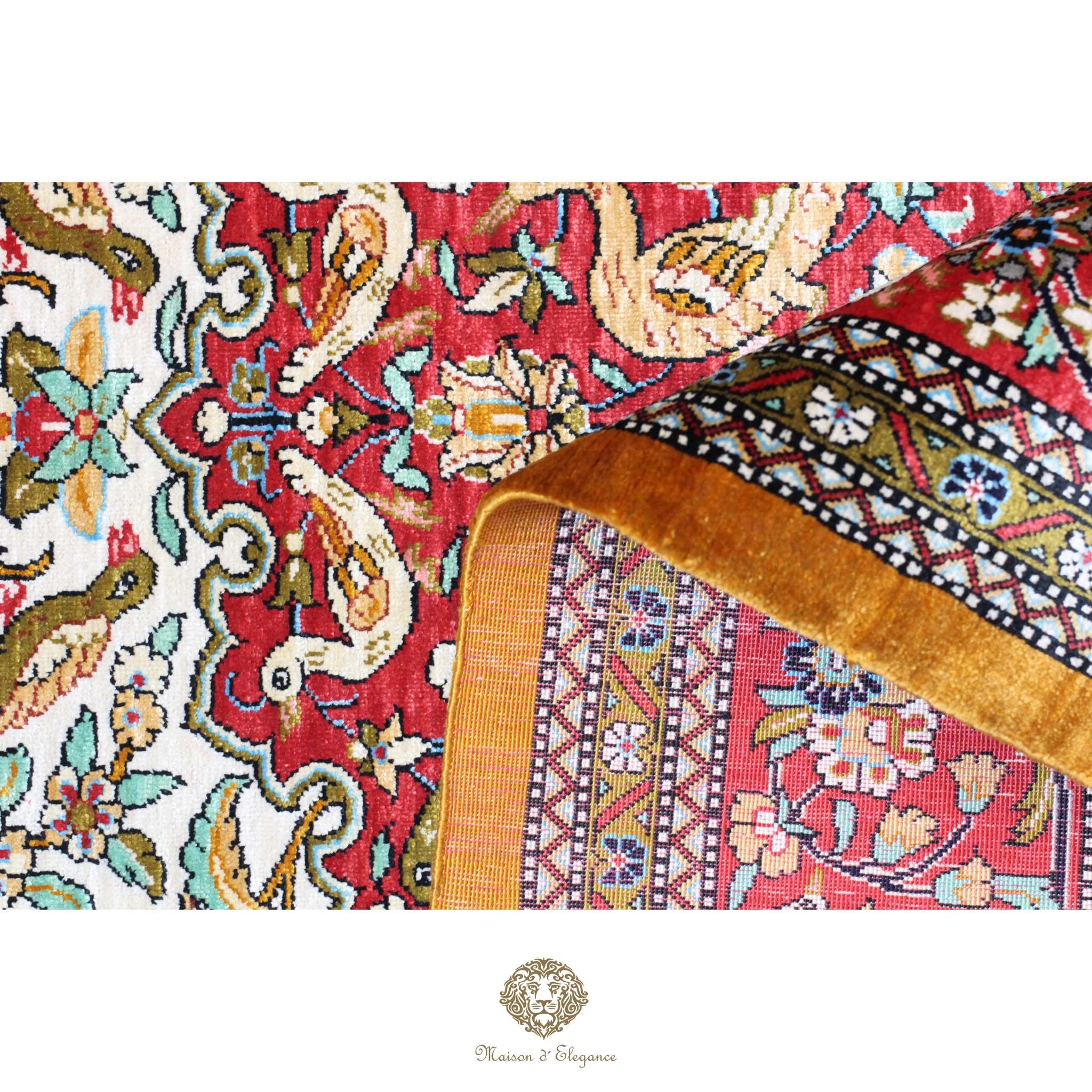 Close-up of a patterned fabric with intricate designs on a white background