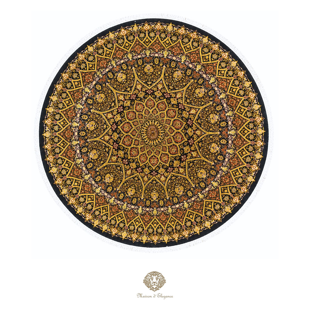 Decorative round rug with intricate patterns on a black/gold background