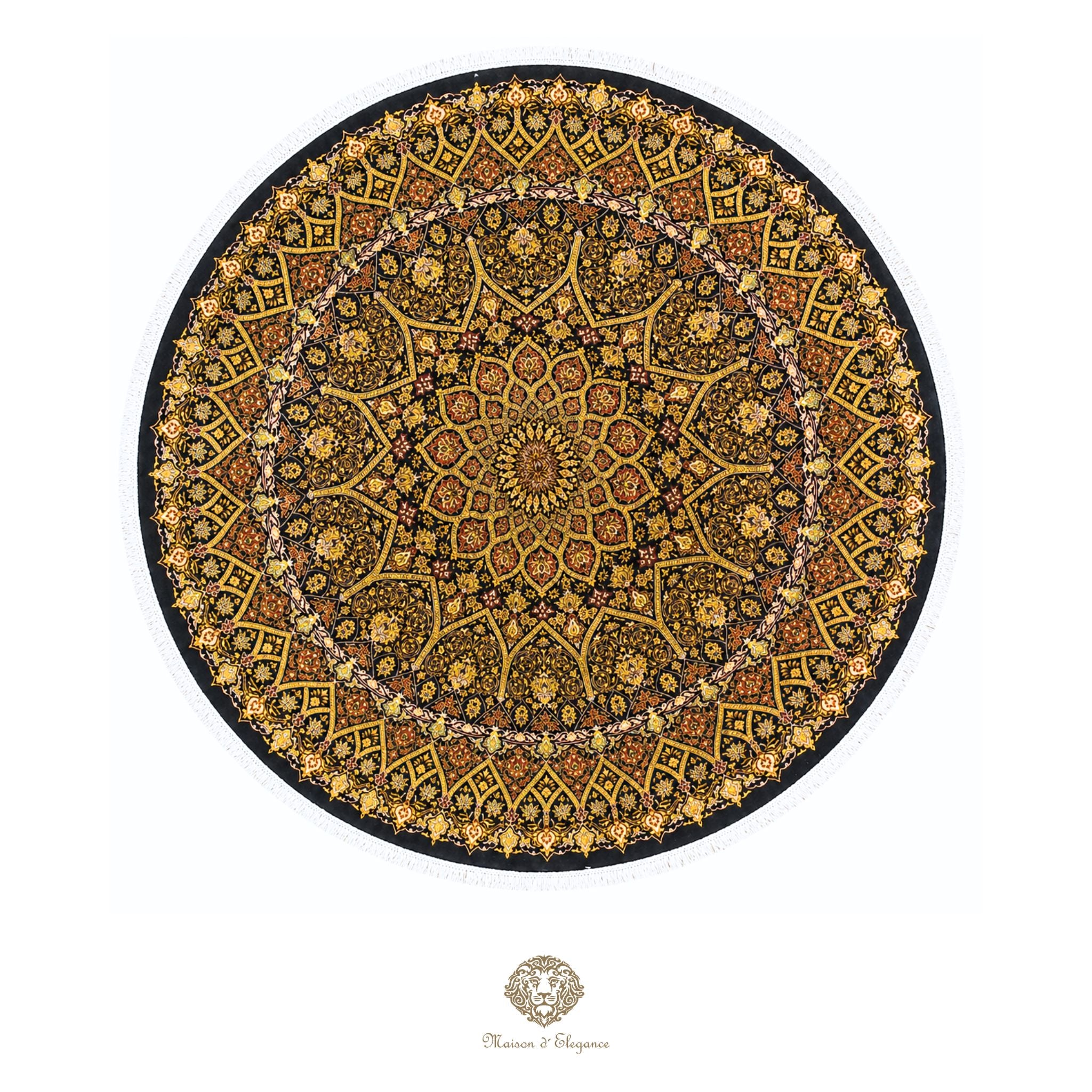 Decorative round rug with intricate patterns on a black/gold background