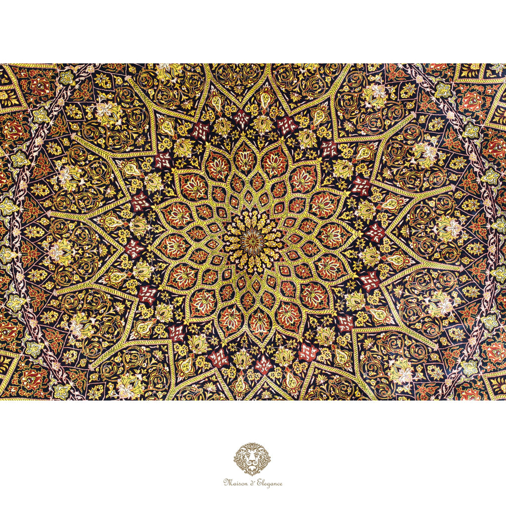 Decorative tapestry with intricate geometric pattern on a black/gold background