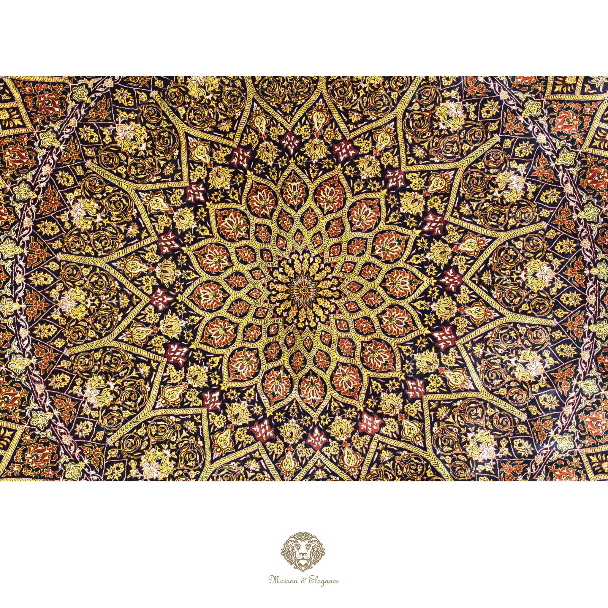 Decorative tapestry with intricate geometric pattern on a black/gold background